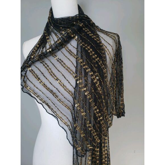 STUNNING‎ Sterling Styles Heavy Beaded Black Gold Mesh Scarf Vintage India - Picture 5 of 8